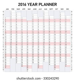 2016 year planner. Week starts Monday.