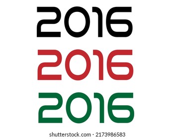 2016 year. Year set for comemoration in black, red and green. Vetor with background white.