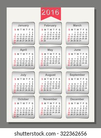 2016 year vector calendar / 2016 calendar design / 2016 calendar vertical - week starts with sunday