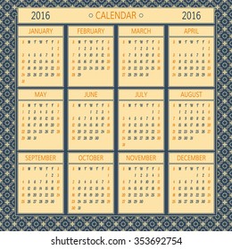 2016 year vector calendar. Vector template with 12 months. Calendar template on vintage background.