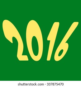 2016 Year vector icon. Style is flat symbol, yellow color, rounded angles, green background.