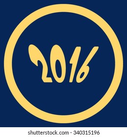 2016 Year vector icon. Style is flat circled symbol, yellow color, rounded angles, blue background.
