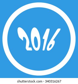2016 Year vector icon. Style is flat circled symbol, white color, rounded angles, blue background.