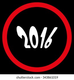 2016 Year vector icon. Style is bicolor flat circled symbol, red and white colors, rounded angles, black background.