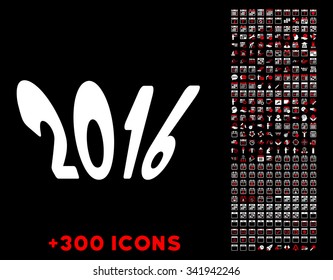 2016 Year vector pictogram with additional 300 date and time management icons. Style is bicolor flat symbols, red and white colors, rounded angles, black background.