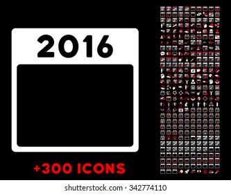 2016 Year vector pictogram with additional 300 date and time management icons. Style is bicolor flat symbols, red and white colors, rounded angles, black background.