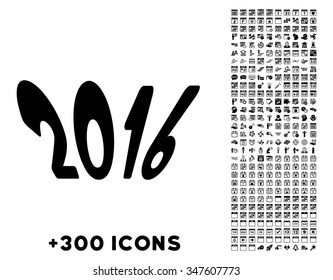 2016 Year vector pictogram with additional 300 date and time management icons. Style is flat symbols, black color, rounded angles, white background.