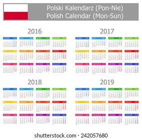 2016-2019 Type-1 Polish Calendar Mon-Sun on white background 