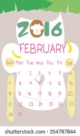 2016Calendar February , Year of monkey Design.Vector illustrator 