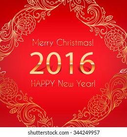 2016.Merry Christmas and happy new year. Gold numbers and lettering on a red background. Template invitations, greeting cards,holiday cards. Frame from vegetative linear pattern.