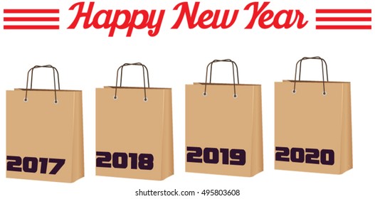  2017, 2018, 2019, 2020 annual year vector. Happy new year 2017 in brown paper bag on white background 