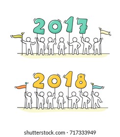 2017 and 2018 Happy New Year background. Cartoon doodle illustration with little people prepare to celebration. Hand drawn vector illustration. 