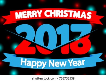 2017 and 2018 year, Merry Christmas and Happy New Year, poster design template, blue and red ribbon, vector illustration