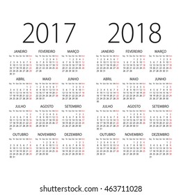 2017 and 2018 years Portuguese vector calendar.