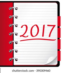 2017 agenda. Red office notebook. Vector Illustration.
