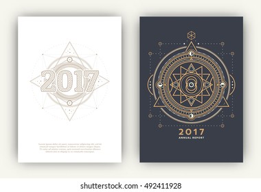 2017 - Annual Report Flyers - Sacred Symbols Design Set - Gold and White Elements on Dark and Light Background