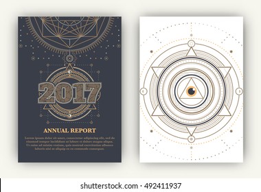 2017 - Annual Report Flyers - Sacred Symbols Design Set - Gold and White Elements on Dark and Light Background