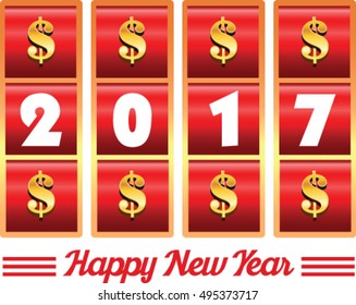 2017 annual year vector. Happy new year. 2017 year number illustration of casino machine slot jackpot with dollar signs.