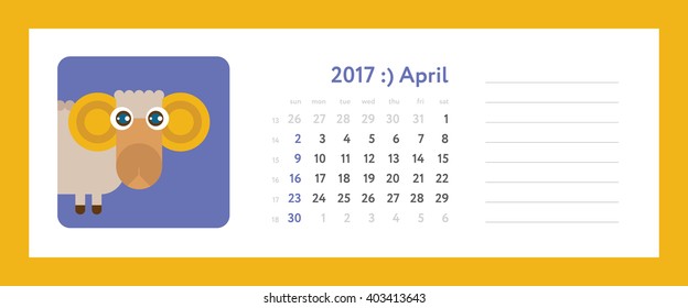 2017 april calendar - weekly planner with zodiacal (horoscopes) signs, flat funny illustration. Vector template with calendar grid and place for notes. Week start on sunday.