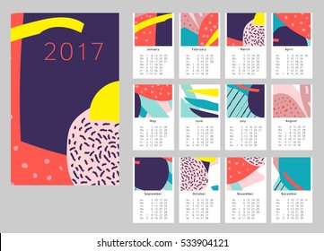 2017 Art hand drawn calendar. Set of 12 months. Week Starts Sunday. Vector clipart editable and scalable. 12 Doodle patterns. vector template with abstract art pattern.