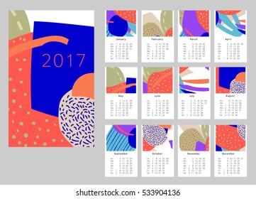 2017 Art hand drawn calendar. Set of 12 months. Week Starts Sunday. Vector clipart editable and scalable. 12 Doodle patterns. vector template with abstract art pattern.