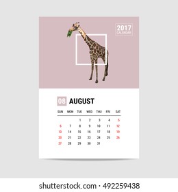 2017 August calendar, giraffe polygon vector
