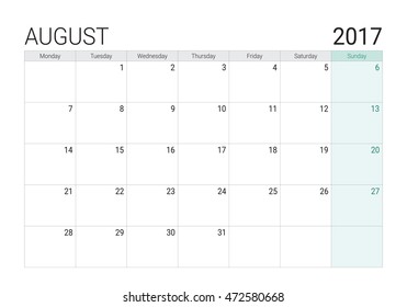 2017 August calendar (or desk planner), week start on Monday