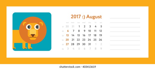 2017 august calendar - weekly planner with zodiacal (horoscopes) signs, flat funny illustration. Vector template with calendar grid and place for notes. Week start on sunday.