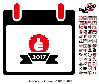 2017 Award Ribbon Calendar Day pictograph with bonus calendar and time management symbols. Vector illustration style is flat iconic symbols, intensive red and black, white background.