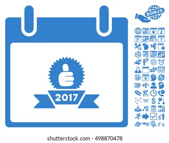 2017 Award Ribbon Calendar Day pictograph with bonus calendar and time management pictures. Vector illustration style is flat iconic symbols, cobalt, white background.