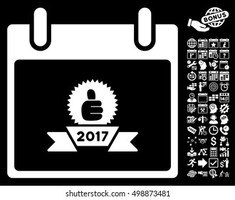 2017 Award Ribbon Calendar Day pictograph with bonus calendar and time management symbols. Vector illustration style is flat iconic symbols, white, black background.