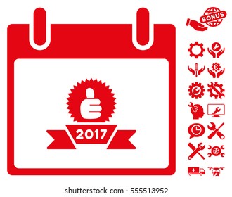 2017 Award Ribbon Calendar Day icon with bonus settings clip art. Vector illustration style is flat iconic symbols, red, white background.