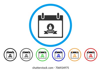 2017 Award Ribbon Calendar Day vector rounded icon. Image style is a flat gray icon symbol inside a blue circle. Bonus color versions are gray, black, blue, green, red, orange.