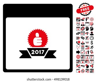2017 Award Ribbon Calendar Page icon with bonus calendar and time management design elements. Vector illustration style is flat iconic symbols, intensive red and black, white background.