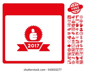 2017 Award Ribbon Calendar Page icon with bonus calendar and time management icon set. Vector illustration style is flat iconic symbols, red, white background.
