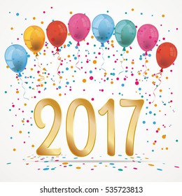 2017 with baloons and confetti. Eps 10 vector file.