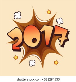 2017 burst expression speech pop art bubble cloud explosion. Boom communication graphic talk humor 2017. Vector illustration.