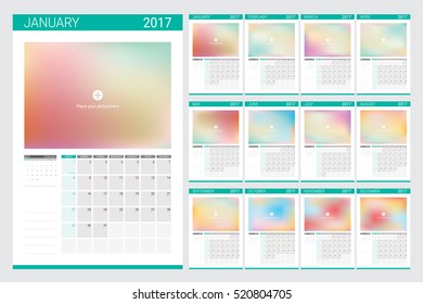 2017 calendar, 12 month set with space for picture and blank lines for writing notes