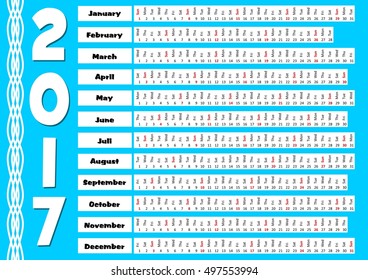 2017 calendar with abstract blue background. Unusual design, month in strip shape, horizontally orientation, place for corporate image and information.