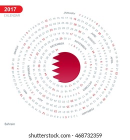 2017 Calendar, Bahrain Country Flag Circle Button, spiral Calendar illustration, Happy new Year calendar. vector illustration