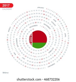 2017 Calendar, Belarus Country Flag Circle Button, spiral Calendar illustration, Happy new Year calendar. vector illustration
