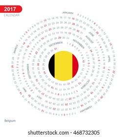 2017 Calendar, Belgium Country Flag Circle Button, spiral Calendar illustration, Happy new Year calendar. vector illustration