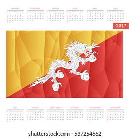 2017 Calendar - Bhutan Country Flag Banner - Happy new Year calendar template - Week starts with Sunday - Vector illustration