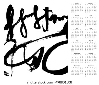 2017 calendar . Black and White abstract elements and lines. Stylish solution for your design. ready template. Calligraphy splashes