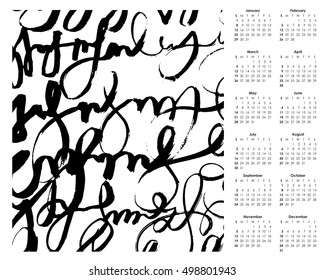 2017 calendar . Black and White abstract elements and lines. Stylish solution for your design. ready template. Calligraphy splashes