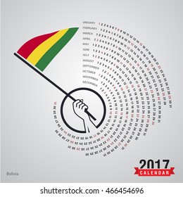 2017 Calendar, Bolivia Country Waving Flag banner, spiral illustration, swiral shape, calendar cover template, Happy new Year calendar. vector illustration
