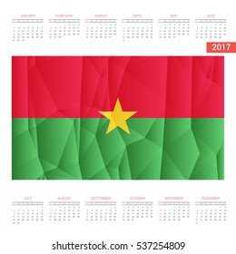 2017 Calendar - Burkina-Faso Country Flag Banner - Happy new Year calendar template - Week starts with Sunday - Vector illustration