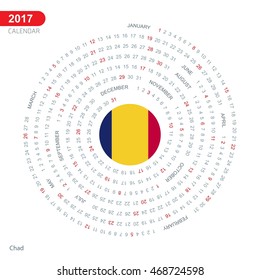 2017 Calendar, Chad  Country Flag Circle Button, spiral Calendar illustration, Happy new Year calendar. vector illustration