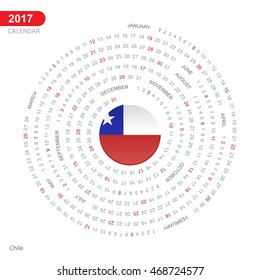 2017 Calendar, Chile Country Flag Circle Button, spiral Calendar illustration, Happy new Year calendar. vector illustration