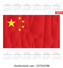 2017 Calendar - China Country Flag Banner - Happy new Year calendar template - Week starts with Sunday - Vector illustration